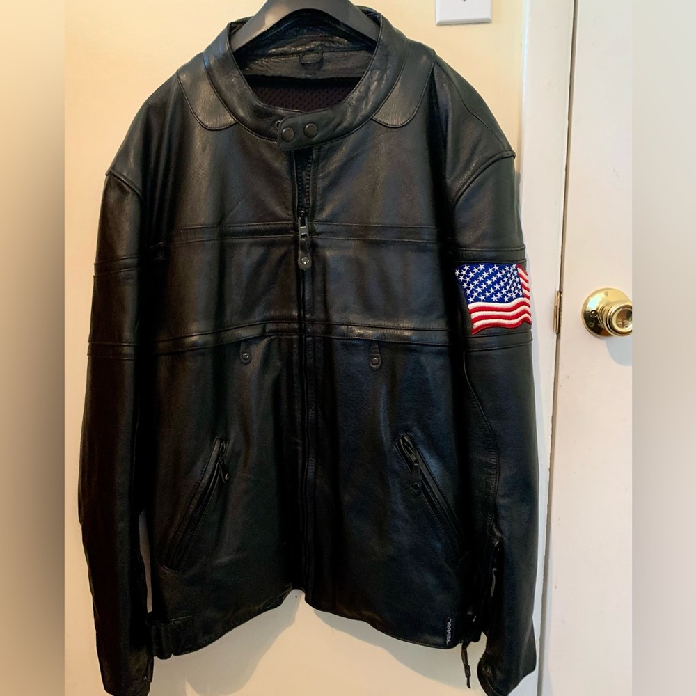 First Racing Black Leather Jacket with American Flag Patch